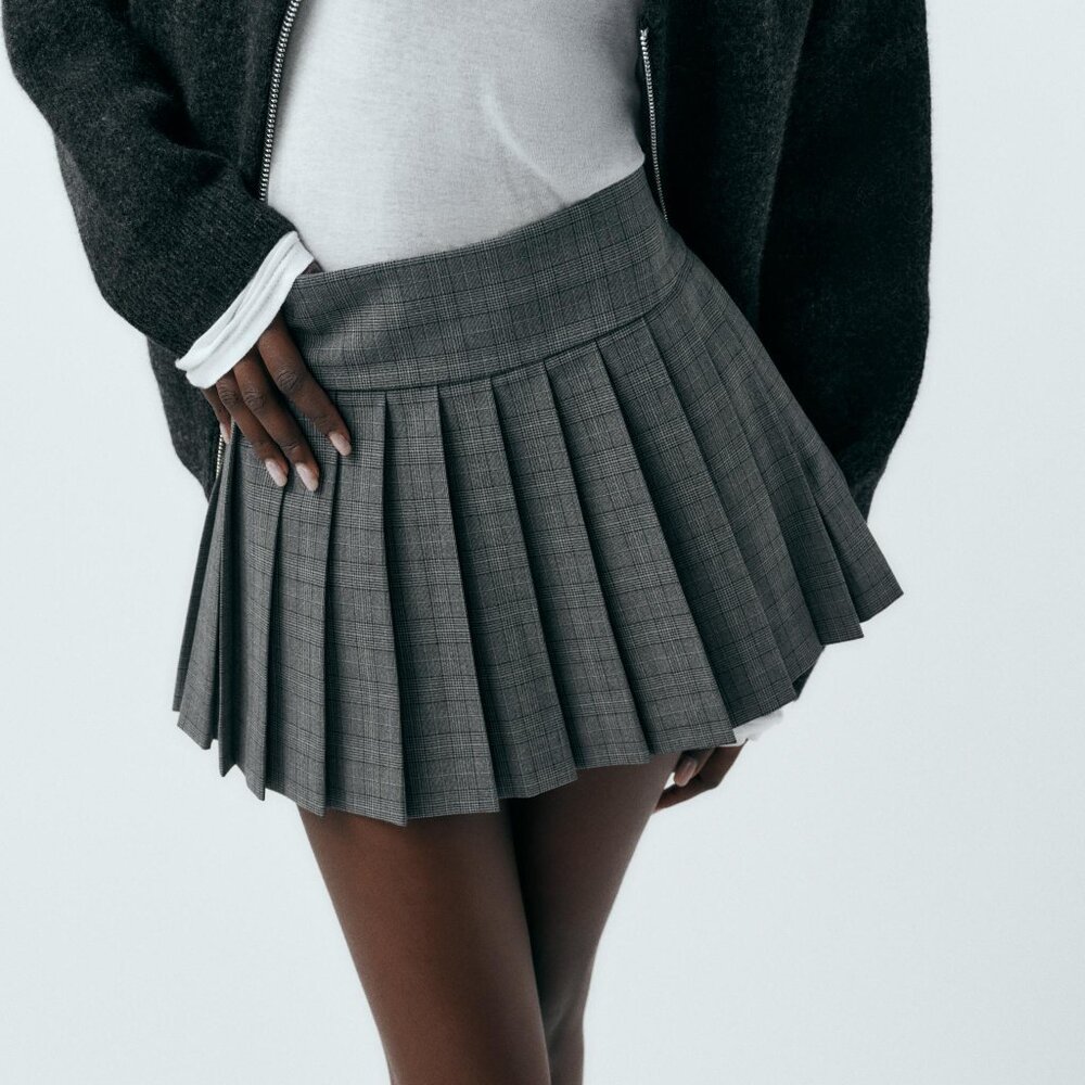 ZARA gray plaid pleated mini skirt with shorts skort